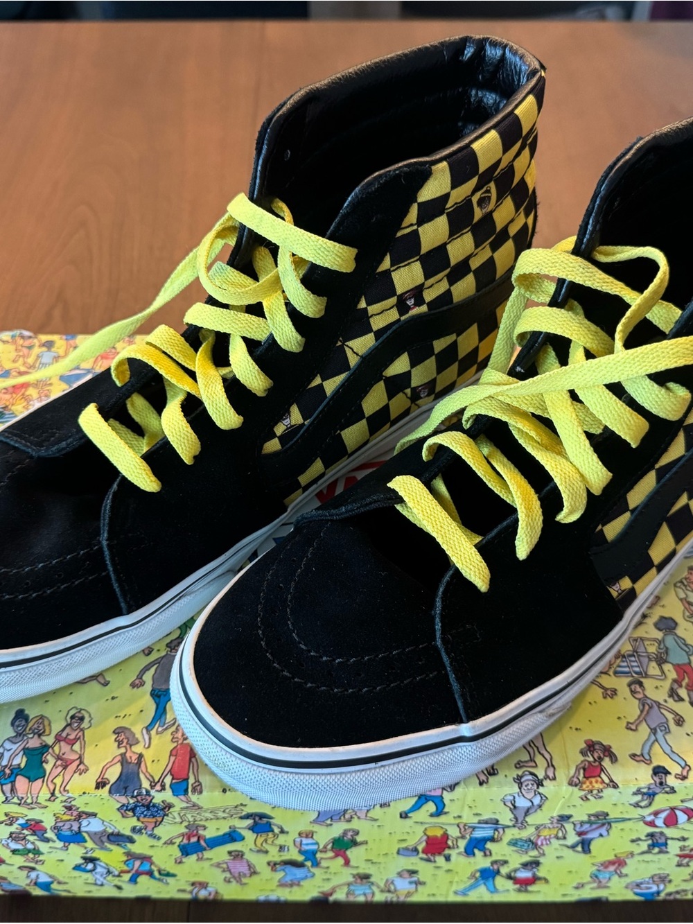 Mens Vans (Where’s Waldo Edition) Black & Yellow Checkerboard Sk8-Hi Sneakers